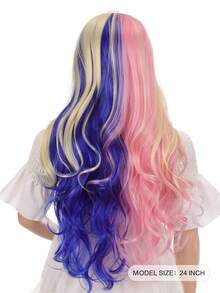 24 Inch Long Wavy Curly Multi-Color Blue, Pink, Gold Cosplay Wig With Side Bangs, Middle Part Synthetic Cosplay Wig For Halloween, Music Festival, Costume Party, Role Play ﻿ - Multicolor - View 3