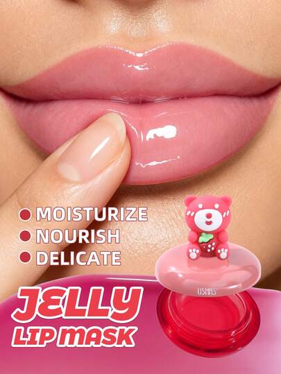 USHAS Cute Bear Jelly Lip Mask, Overnight Hydrating Lip Treatment, Nourish Dry Cracked Lips, Fade Lip Lines, Long Lasting Moisturizing Lip Balm, Sweet Fruit Scent, Kawaii Cartoon Bear Decor, Portable Lip Care Cosmetic Gift For Women Girls