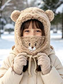 1pc Baby Cartoon Bear Ear Fleece Knitted Hat With Mask, Warm Headwear, Thickened Ear Protection Skull Cap, Neck Warmer - Multicolor - View 7