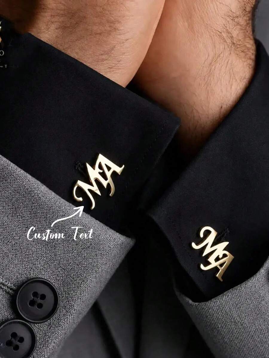 زوج واحد من أزرار الأكمام المخصصة بالحروف الأولى، أسلوب العريس للرجال، تصميم بسيط من الفولاذ المقاوم للصدأ باللون الذهبي، مجوهرات شخصية، هدية عيد الميلاد والزفاف - متعدد الألوان - مشاهدة 1