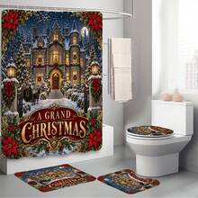 Set Dekorasi Kamar Mandi Natal Motif Kastil dan Pemandangan Salju Multifungsi 1pc/4pcs, Tirai Shower dengan Gratis 12 Kait, Keset Lantai U-Shaped dan Penutup Dudukan Toilet Bulat, Atmosfer Liburan Premium, Cocok untuk Semua Dekorasi Ruangan - Kastil Natal di tengah salju - View 9