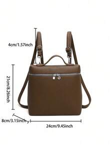 Dark Brown Lychee Textured Soft Leather Small Square Backpack, Top Rounded Handle, Double Zipper Closure, Adjustable Shoulder Straps. Minimalist Vintage Style Backpack, Grained Soft Touch, Moderate Capacity, Can Store Personal Belongings, Versatile Women's Small Backpack For Daily Commute And Outings. - Khaki - View 3