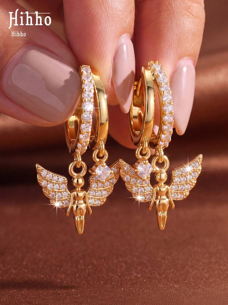Hihho 2pcs/Set Luxury Style Angel Wing Ear Cuff Earrings, Atmospheric Women's Earrings Suitable For Dating, Commuting, Party Wear - Angel - View 1