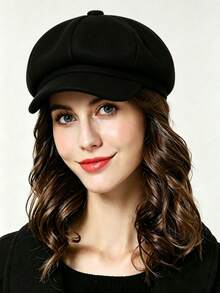 Women's Vintage Newsboy Cap, Solid Color Baker Boy Hat, Adjustable, Warm, Autumn/Winter Commuter Style - Black - View 2
