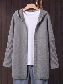 Women's Solid Color Knit Hooded Cardigan, Button Front, Plus Size, Casual Comfort, Minimalist Elegant Style Home, Office, Travel Autumn Winter - Grey - View 4