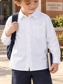 Young Boy Simple Classic Solid Color College Style Long Sleeve Shirt - White - View 1