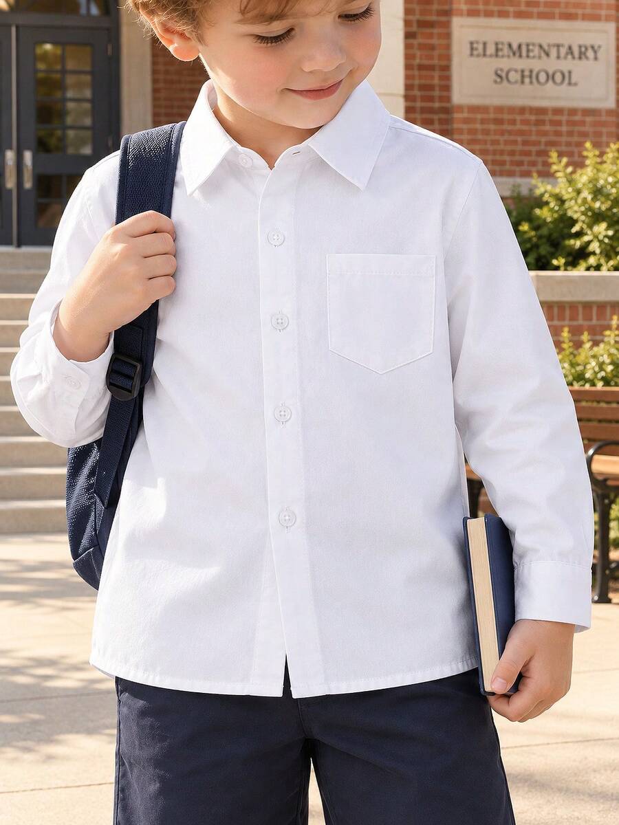 Young Boy Simple Classic Solid Color College Style Long Sleeve Shirt - White - View 1