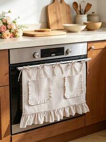 1pc Farmhouse Style Oven Skirt Curtain, Elegant Striped Pattern With Storage Pocket Design, Bottom Ruffle Trim, Tie-Top Linen Coffee Curtain Valance, Suitable For Kitchen Bathroom Window Privacy Cover And Closet - Light Brown - View 10
