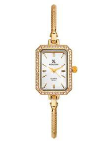 1件女款長方形復古石英手錶，金色合金錶殼，水鑽錶圈，白色錶盤，纖細金色合金錶帶，優雅奢華手錶 - 白色 - 查看 8