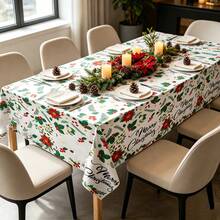 Christmas Rectangular Disposable Tablecloth - 54*108 Inches | (4 Pieces/1 Piece) Indoor And Outdoor Plastic Christmas Decorations | Winter Tablecloth For Christmas And New Year | White Plastic Tablecloth - White and Green - View 6