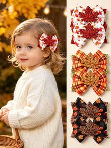2/3PCS Children Maple Leaf Print Bow Hair Clips, Sequin Bow Cartoon Maple Leaf Accessory Decorative Hair Clips, Suitable For Autumn/Winter Outdoor Wear - Multicolor - View 1