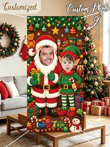 Custom Photo 2D Flat Banner, Santa Claus And Elf Cut-Out Photo Theme, Christmas Winter Theme Face Cut-Out Photography Banner, With String Lights, Gifts, Snowman, And Toy Prints, Party Background - Multicolor - View 2