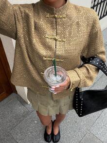 Women's Sequin Tweed Short Jacket, Frog Button Stand Collar Long Sleeve Coat, Vintage Elegant Chinese Style Short Overcoat - Brown - View 2