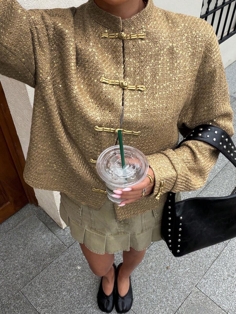 女款亮片粗花呢短版夾克,盤扣立領長袖外套,復古優雅中式短大衣 - 棕色 - 查看 1