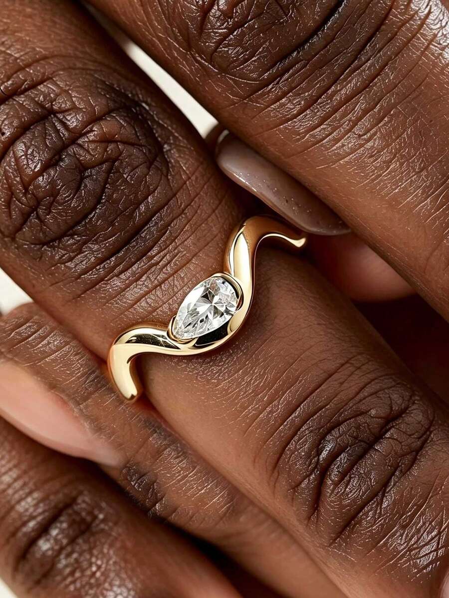 1pc Classic 14K Gold Plated Wave Twisted Arm Water Drop Pear Shaped Couple Ring, Geometric Banquet Decor Proposal Gift Jewelry - Yellow - View 1