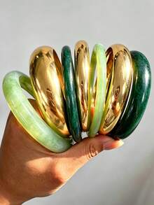 7/4/3pcs Vintage Elegant Bohemian Style Green Resin Marbled Plain Smooth Bracelet Set, Suitable For Women's Daily Casual, Party, Beach, Vacation Wear - Multicolor - View 2