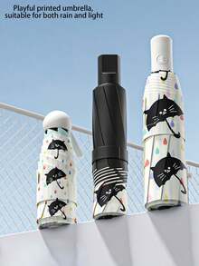 1pc Fully Automatic/Semi-Automatic Black Vinyl UV Protection Manual Portable Lightweight Cartoon Umbrella For Rain And Sun - As Shown - View 3