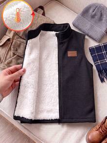 1pc Tween Boys Thermal Lined Outdoor Comfortable Casual Black Vest Jacket, Autumn/Winter - Black - View 7