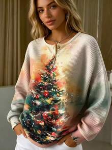 Plus Size Women's Christmas Print Loose Casual Stand Collar Three-Button Crew Neck Sweatshirt - Apricot - View 5