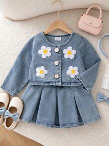 Autumn/Winter Baby Girl Cute Daisy Flower Denim 2-Piece Set & Round Neck Long Sleeve Jacket Versatile Pleated Skirt Outfit - Light Wash - View 1