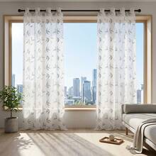 2pcs Sheer Curtains, Decorative Embroidered Faux Linen Curtains, Suitable For Home Kitchen, Living Room And Bedroom - Grayish White - View 15