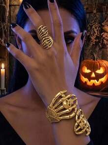 XYHEALER 1 Set Halloween Skeleton Hand Bone Bracelet And Ring Set, Vintage Silver Skeleton Open Cuff Bracelet And Adjustable Wrap Ring, Gothic Punk Style Women's Jewelry Gift - Multicolor - View 12