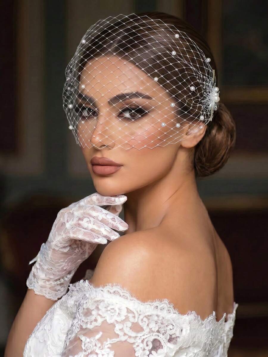 Vintage Elegant Pearl Birdcage Bridal Veil, Women's Hair Accessory, Suitable For Parties, Banquets, Weddings