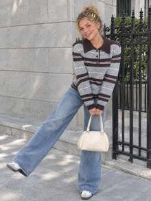 Women's Autumn/Winter Vintage Striped Turn-Down Collar Knit Sweater, Casual Pullover Top, Versatile Style - Grey - View 5