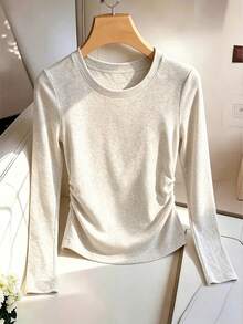 Women's Short Long Sleeve T-Shirt, Classic Crew Neck Design, Soft Skin-Friendly Fabric, Slightly Stretchy And Comfortable, Suitable For Daily Layering - Grey - View 8