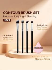 5pcs Makeup Brush Set, Face Contour Brush, Eyeshadow Brush, Concealer Brush, Precision Face Brush, Detail Shadow Brush, Triangle Powder Puff, Beginner Travel Makeup Tools - Black - View 2