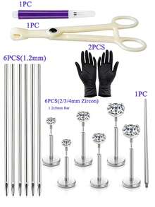 6PCS/17PCS Lip/Nose/Ear Piercing Kit-6pcs Extended Thread Flat Back Zirconia Studs Lip Ring With Needle Clamp Gloves Tragus Helix Piercing Kit - View 12