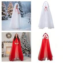 1pc Red/White Bridal Red Bow Hooded Mesh Cape, Ghost Bride Costume, Party Decoration Cloak, Cosplay, Party Outfit, Photo Prop, Christmas Party - Multicolor - View 10