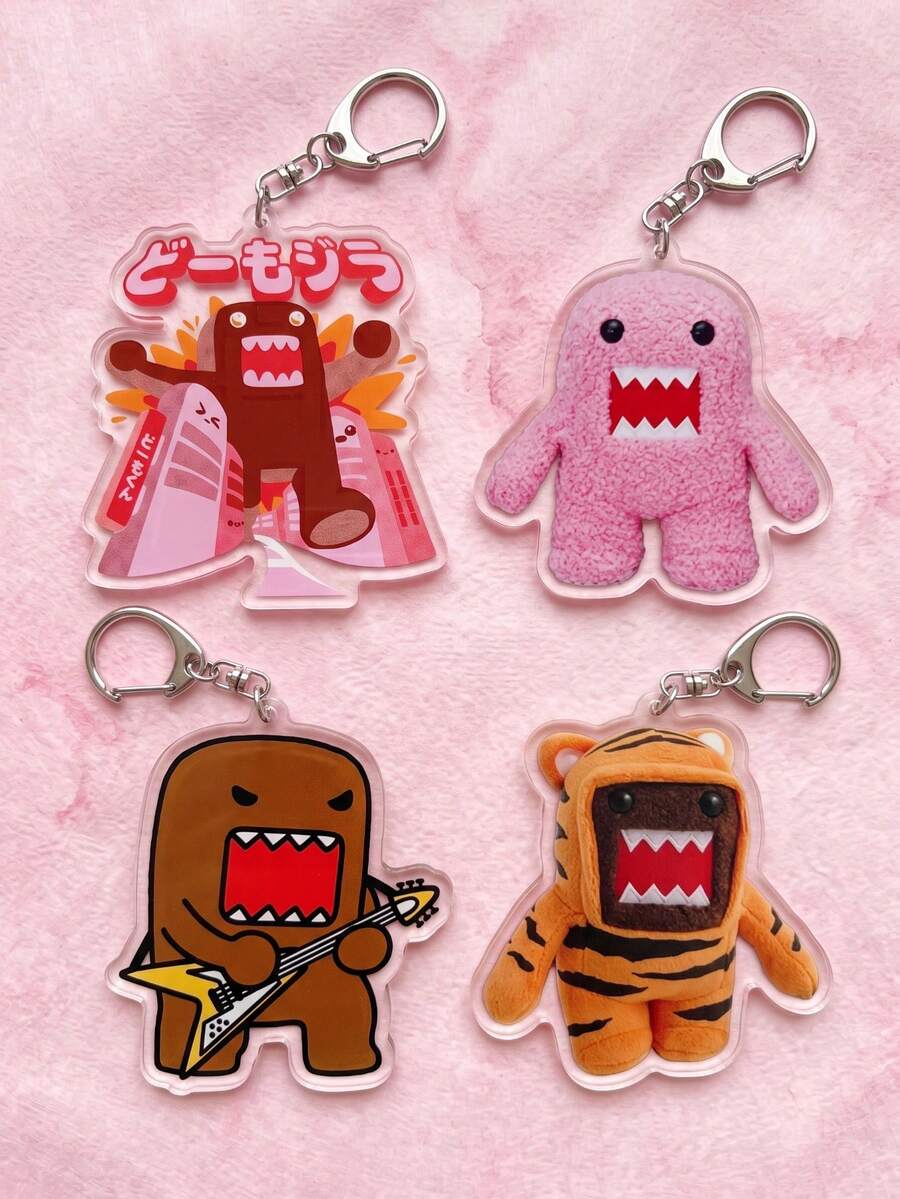 1pc/4pcs Domo-Kun Themed Square Acrylic Keyring Packs, Featuring Monster Destroying City, Pink Plush Design, Guitar Playing And Tiger Costume Designs, Fashionable Bag Charm, Suitable For Back To School, Gift For Domo Fans, Exquisite Collection, All Season - Multicolor - View 1
