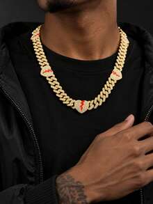 Gold & Silver Broken Heart Full Rhinestone Cuban Link Necklace, European & American Hip Hop Red Resin Heart Broken Rhinestone Thick Chain, Unisex Street Rap Couple Accessory, Holiday Gift - Broken Heart Necklace - View 8