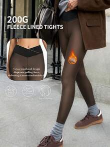 Novas Leggings Slim Fit Femininas 220g Quentes & Modeladoras, Leggings Slim Fit Sexy com Cintura Cruzada Semitransparente, Cós Elástico, Quentes & Confortáveis para o Inverno - Preto - Visão 1