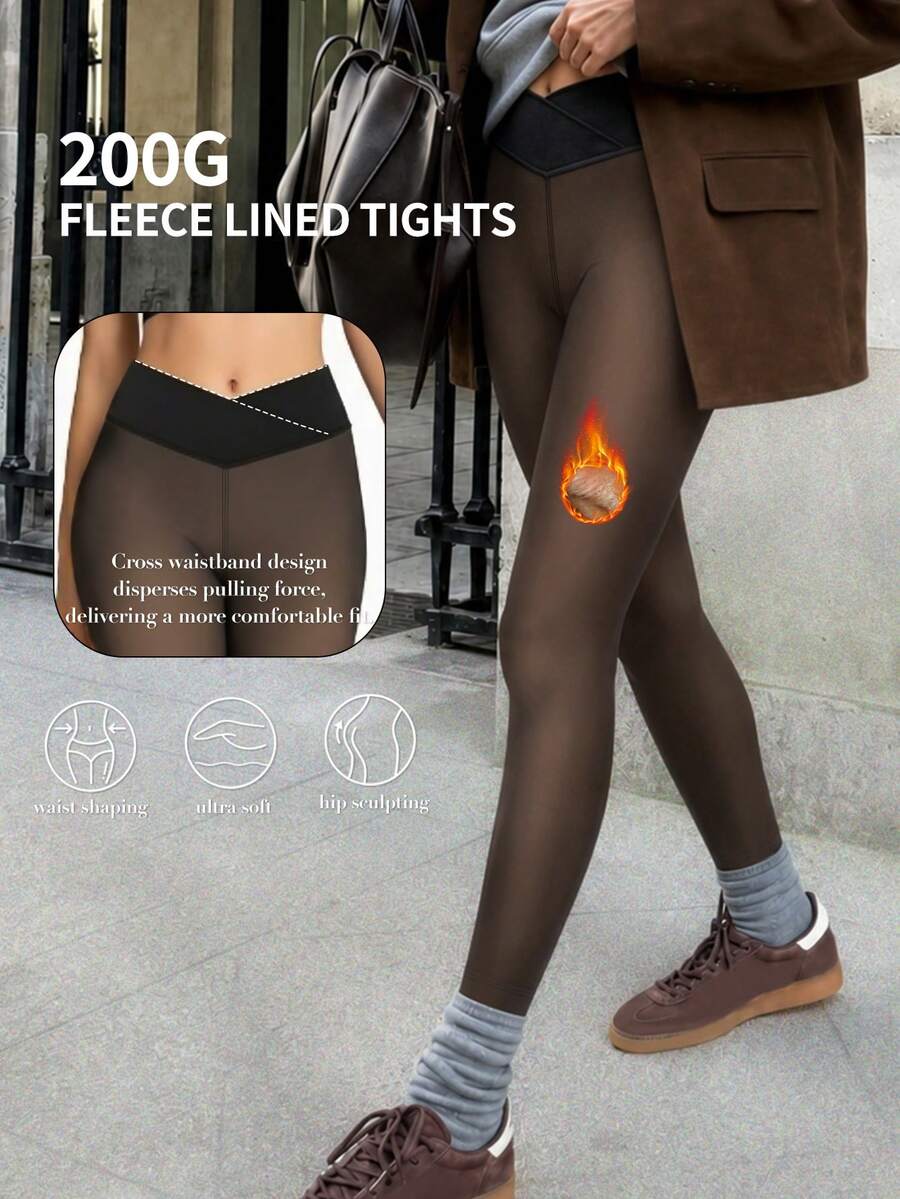 Novas Leggings Slim Fit Femininas 220g Quentes & Modeladoras, Leggings Slim Fit Sexy com Cintura Cruzada Semitransparente, Cós Elástico, Quentes & Confortáveis para o Inverno - Preto - Visão 1