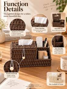 1pc Woven Storage Basket, Handmade Rope Multi-Compartment Storage Box With Lid, Decorative Desktop Organizer For Cosmetics, Stationery, Remote Controls, Suitable For Bedroom, Bathroom And Home Decor - Multicolor - View 3