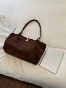 1pc Deep Coffee Color Mother-Daughter Bag Metal Lock Large Capacity Shoulder Bag Lock Closure Minimalist Retro Tote Bag Autumn Winter Office Commute Women's Handbag - A - View 10