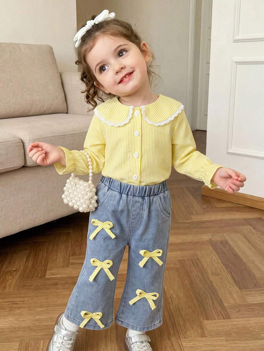 Baby Girl Fresh Preppy Style 2pcs Set: Lemon Yellow Striped Lace Trim Puff Sleeve Blouse + Matching Bow Decor Light Wash Flared Jeans Outfit - Yellow - View 1