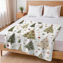 1pc Watercolor Christmas Tree Throw Blanket, Red Bowknot Christmas Ball Snowflake Red Berry Print Pattern Flannel Single-Sided Printed Blanket, Perfect For Holidays, Birthdays, Sofa And Home Decor - Multicolor - View 7