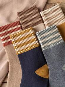 1/10 Pairs Randomly Assorted Unisex Thick Warm Contrast Color Socks, Casual Retro Patchwork Socks, Suitable For Autumn/Winter, Home/Sports Multi-Functional Warm Socks, Holiday Gift Socks, Christmas, Halloween - Multicolor - View 4
