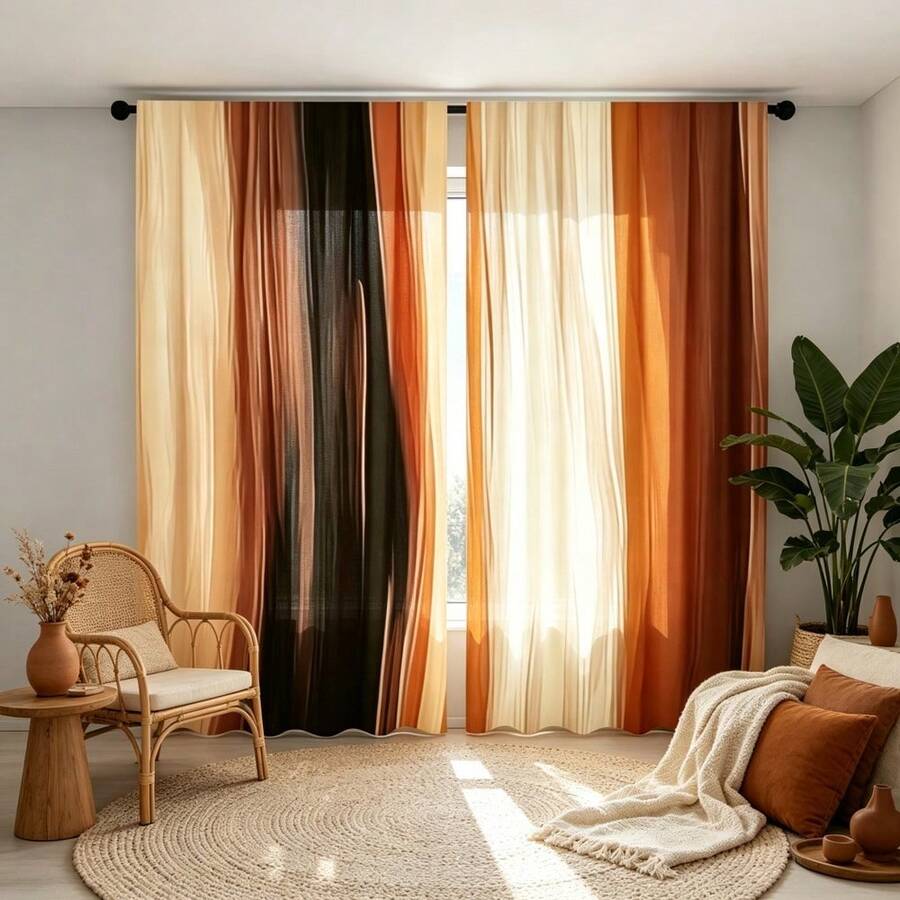 2pcs Abstract Vertical Striped Curtains, Featuring A Pattern Of Beige,Brown,And Black Stripes,2D Flat Printing,Translucent,With Rod Pockets,Suitable For Living Rooms And Bedrooms,Serving As Modern Minimalist Bohemian Home Decor - Multicolor - View 1