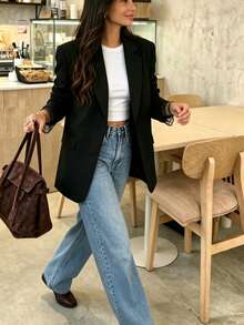 Women's Elegant Black Long Sleeve Blazer, Lace Cuff Detail Design, Perfect For Creating Sophisticated Preppy Style, Suitable For Dating, Office, Back To School Season Outfits, Lightweight Blazer - Black - View 5