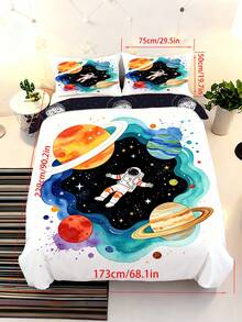 2/3件組可愛水彩太空太空人星系行星印花兒童床上用品套裝，柔軟被套與枕套，適合男孩（單人/雙人/加大/特大尺寸） - 彩色 - 查看 17