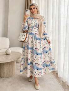 Plus Size Elegant Fashion V-Neck Long Sleeve Ditsy Floral Dress, Ruched Waist Ruffle Hem Tea Length Maxi Dress For Daily Wear, Outings, Gatherings And Commuting - Multicolor - View 4