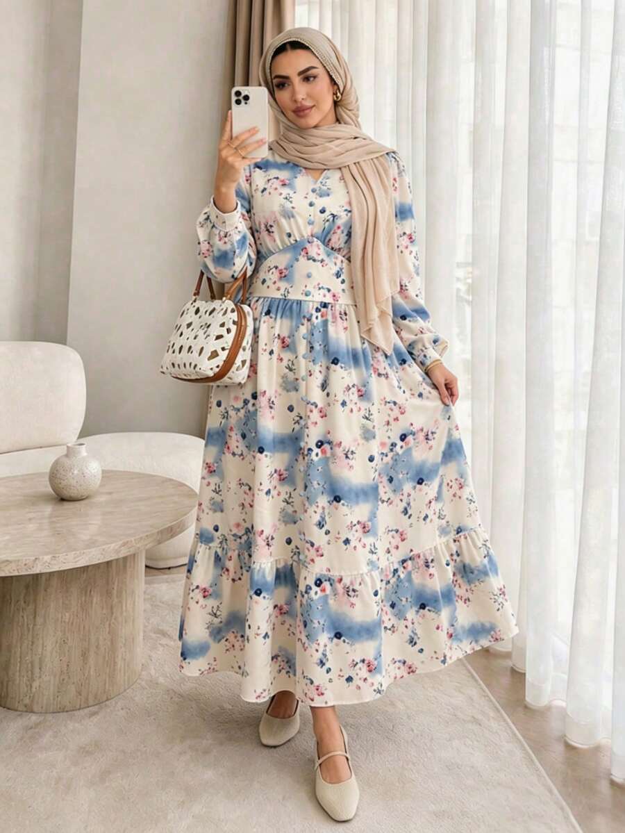 Plus Size Elegant Fashion V-Neck Long Sleeve Ditsy Floral Dress, Ruched Waist Ruffle Hem Tea Length Maxi Dress For Daily Wear, Outings, Gatherings And Commuting