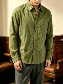 Men's Army Green Solid Linen Long Sleeve Shirt, Casual Lapel Button-Up Top With Chest Pocket, Lightweight Breathable Everyday Basic - Army Green - View 2