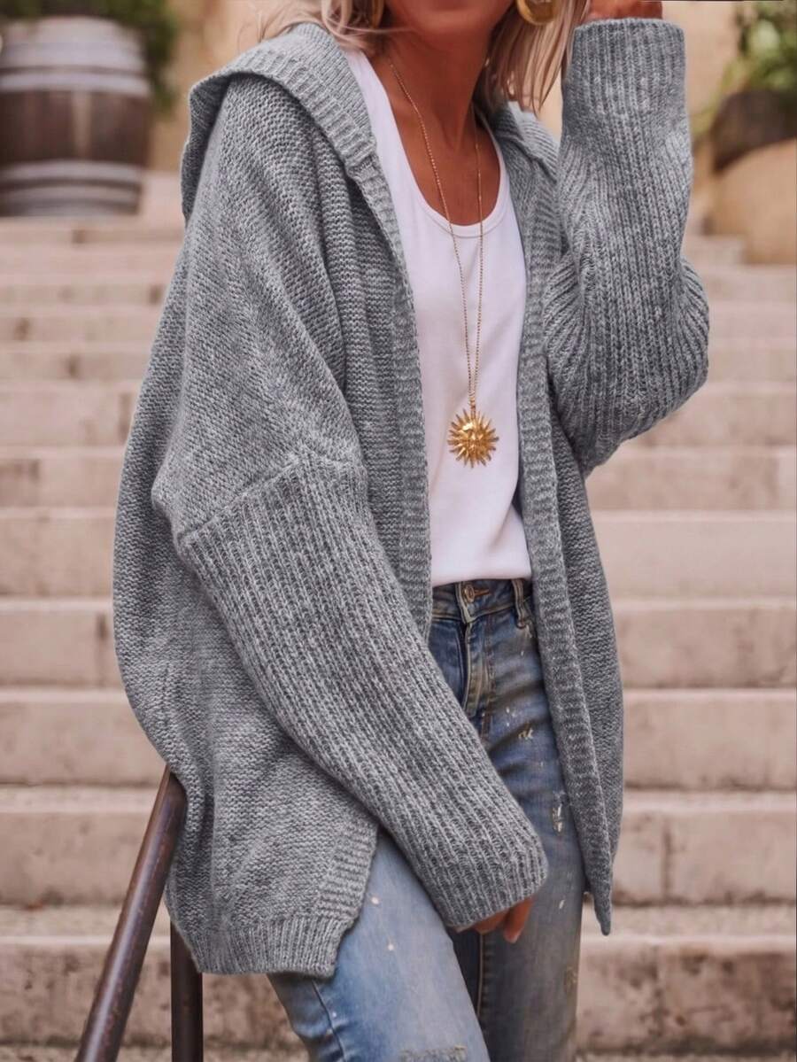 Women's Solid Color Knit Hooded Cardigan, Button Front, Plus Size, Casual Comfort, Minimalist Elegant Style Home, Office, Travel Autumn Winter - Grey - View 1