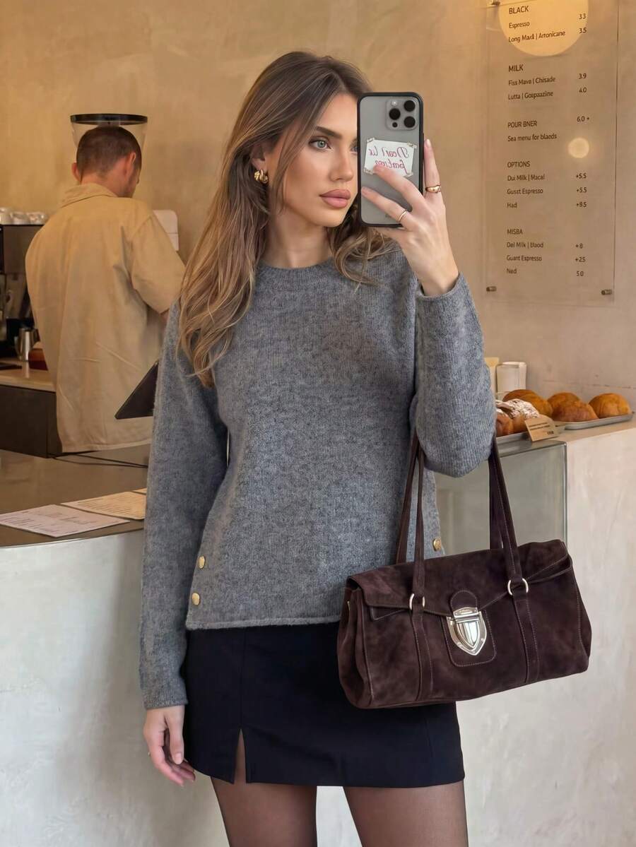 Stylish Women's Medium Stretch Knitwear Sweater Regular Length Long Sleeve Pullover With Rib-Knit Details And Gold Button Accent For Everyday Wear - Grey - View 1