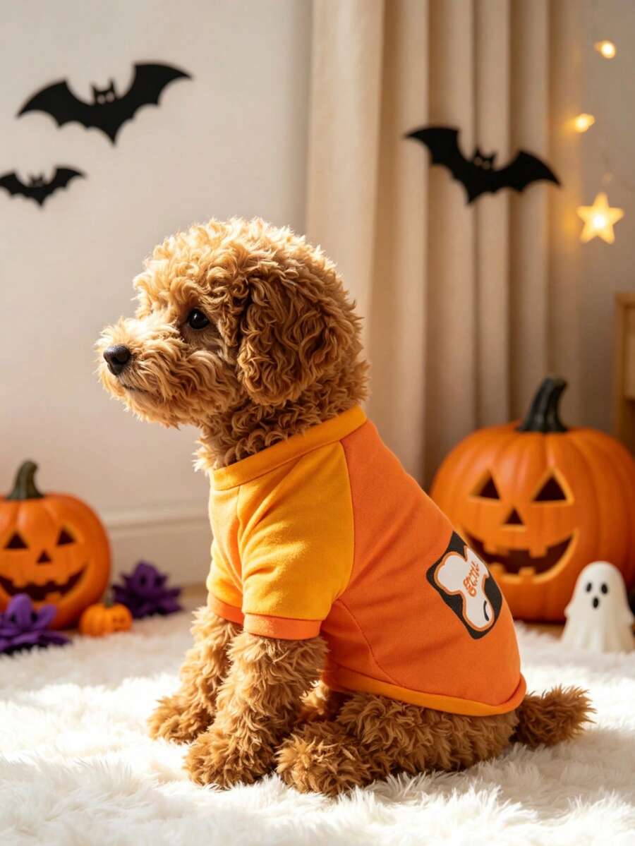 寵物萬聖節趣味T恤 橘黃拼色狗狗插肩袖上衣「Got Treats?」骨頭印花網眼狗T恤 小型犬 博美 泰迪 寵物幽默短袖骨頭圖案狗狗插肩衫 小狗戶外穿搭 - 亮橙色 - 查看 1